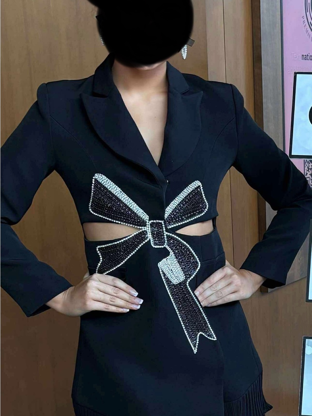 Black Women's Cutout Blazer with Crystal Bow Detail